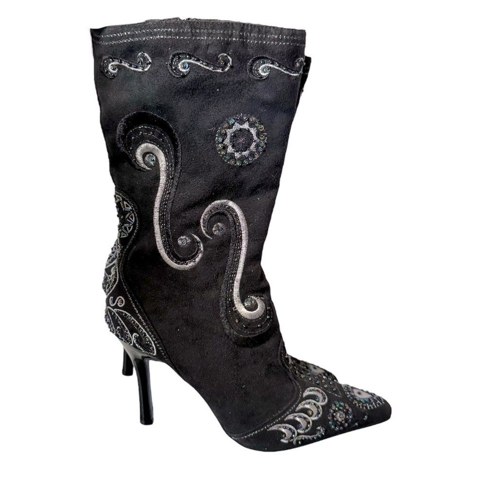 y2k Antonio Melani Milano Black Beaded Glam Western Heeled Boots